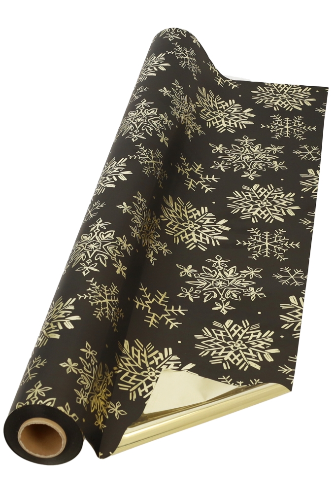 Cadeaufolie Metallic Black Met stars Snow flake 70 x 50meter