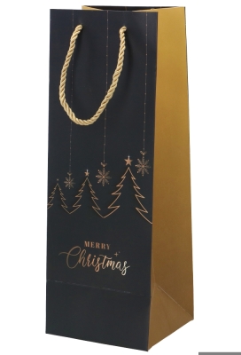 Kerst Wijntasjes 1 Fles Merry Christmas Black Gold 12.5x9x36.5cm 10st