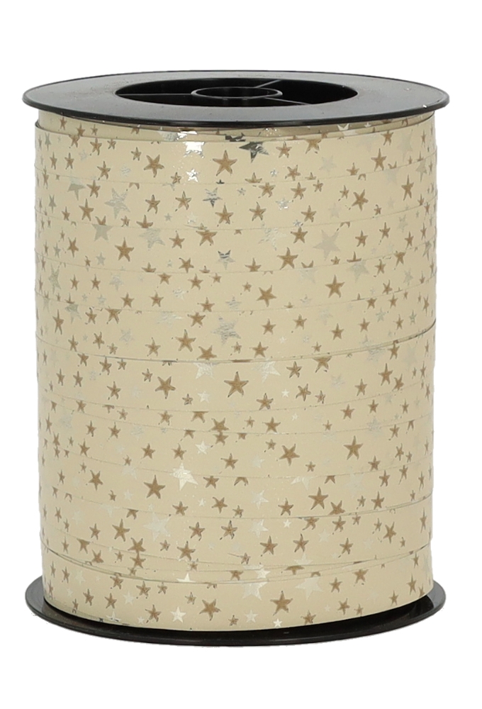 Kerst Krullint Mat Beige Stars Zilver Metallic 10mm x 250meter 
