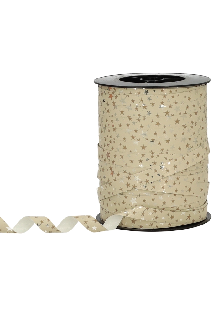 Kerst Krullint Mat Beige Stars Zilver Metallic 10mm x 250meter 