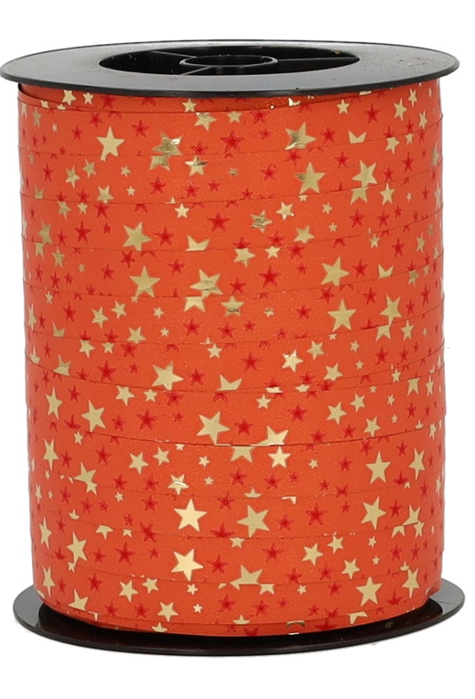 Kerst Krullint Mat Rood Stars Goud Metallic 10mm x 250meter 