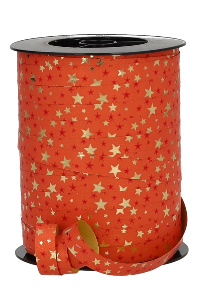 Kerst Krullint Mat Rood Stars Goud Metallic 10mm x 250meter 