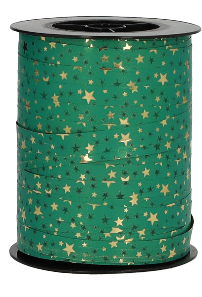 Kerst Krullint Mat Groen Stars Goud Metallic 10mm x 250meter 