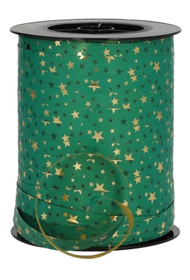 Kerst Krullint Mat Groen Stars Goud Metallic 10mm x 250meter 