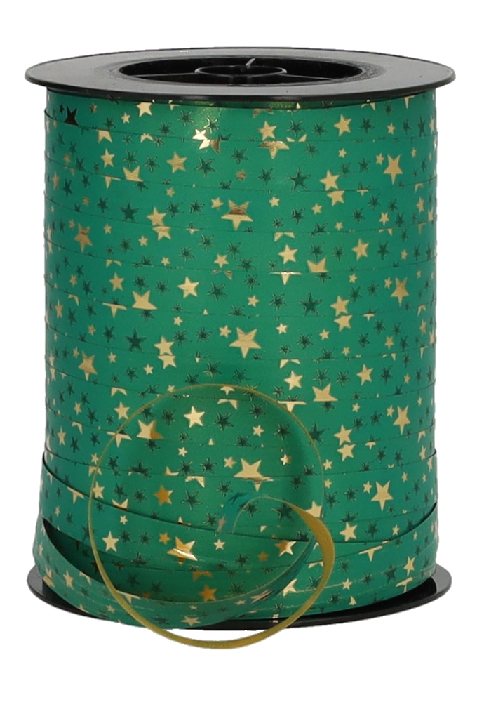 Kerst Krullint Mat Groen Stars Goud Metallic 10mm x 250meter 