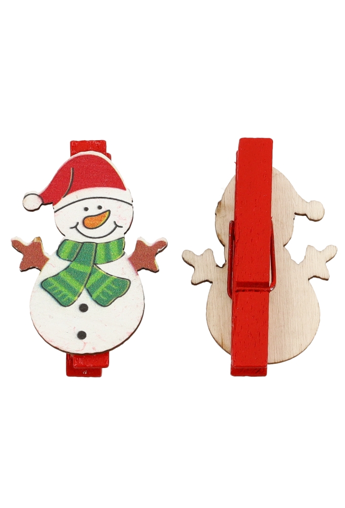 Houten Decoratie Sneeuwman Merry Christmas & Knijper 3x4.5cm 6stuks
