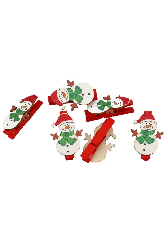 Houten Decoratie Sneeuwman Merry Christmas & Knijper 3x4.5cm 6stuks
