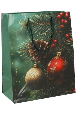 Kersttasjes Medium Pine & Berries 26.5x13.5x32.5cm 12stuks
