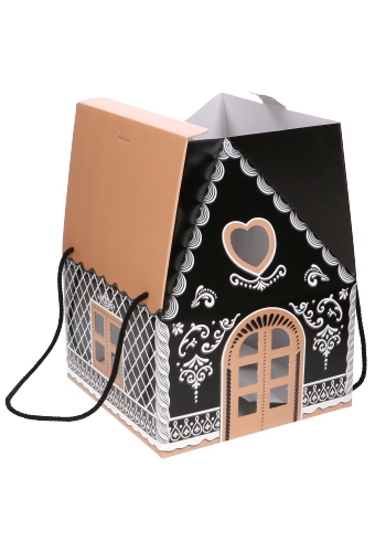 Geschenkdoos Huisje Kerst Zwart & Koord 24.5x24.5x15cm 20st  OP IS OP