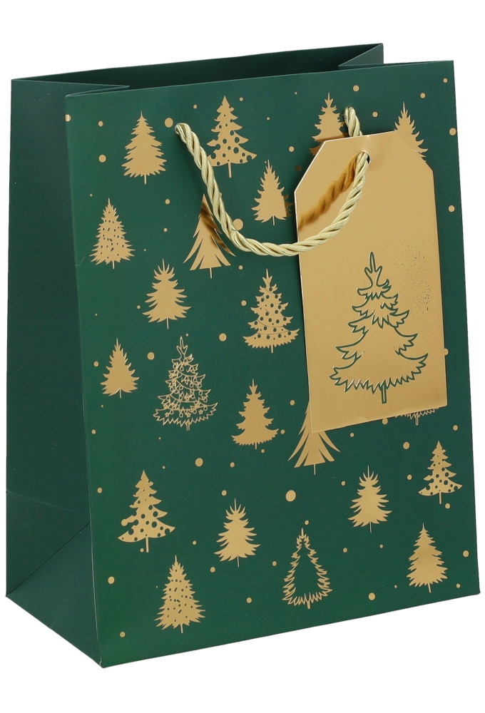 Kersttasjes Medium Green Golden Trees 18x10x23cm 10stuks