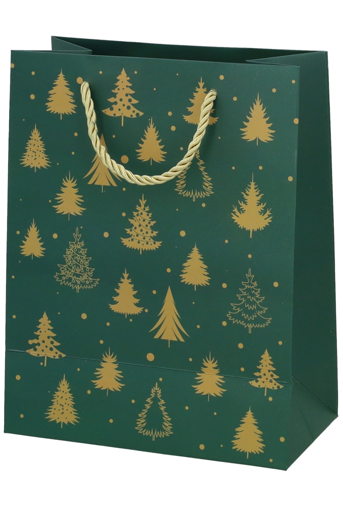 Kersttasjes Medium Green Golden Trees 18x10x23cm 10stuks