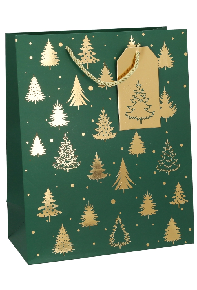 Kersttasjes Medium Green Golden Trees 26.5x13.5x32.5cm 10stuks