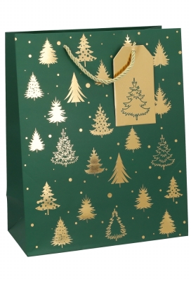 Kersttasjes Medium Green Golden Trees 26.5x13.5x32.5cm 10stuks