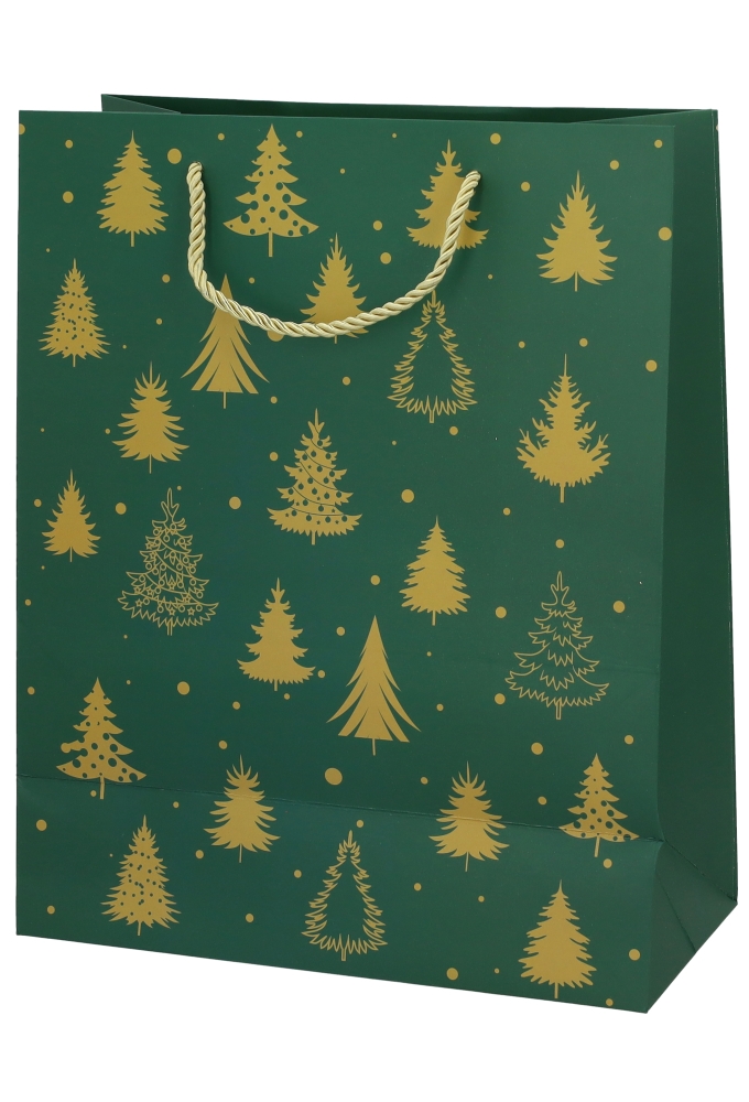 Kersttasjes Medium Green Golden Trees 26.5x13.5x32.5cm 10stuks