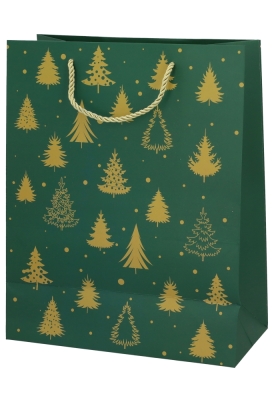 Kersttasjes Medium Green Golden Trees 26.5x13.5x32.5cm 10stuks
