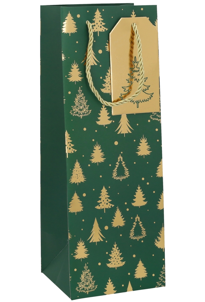 Kerst Wijntasjes 1 Fles Green Golden Trees 12.5x9x36.5cm 10stuks