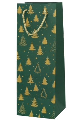 Kerst Wijntasjes 1 Fles Green Golden Trees 12.5x9x36.5cm 10stuks