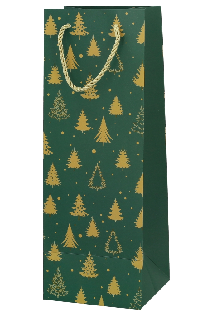 Kerst Wijntasjes 1 Fles Green Golden Trees 12.5x9x36.5cm 10stuks