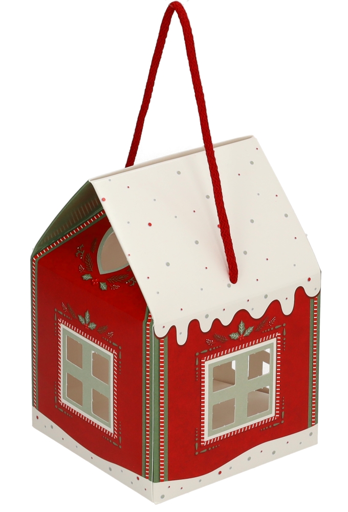 Geschenkdoos Huisje Kerst Rood & Koord 12x12x12cm 10stuks
