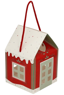 Geschenkdoos Huisje Kerst Rood & Koord 12x12x12cm 10stuks