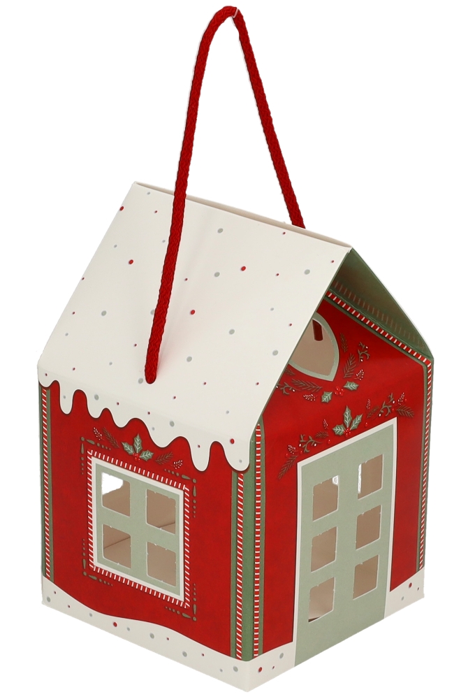 Geschenkdoos Huisje Kerst Rood & Koord 12x12x12cm 10stuks