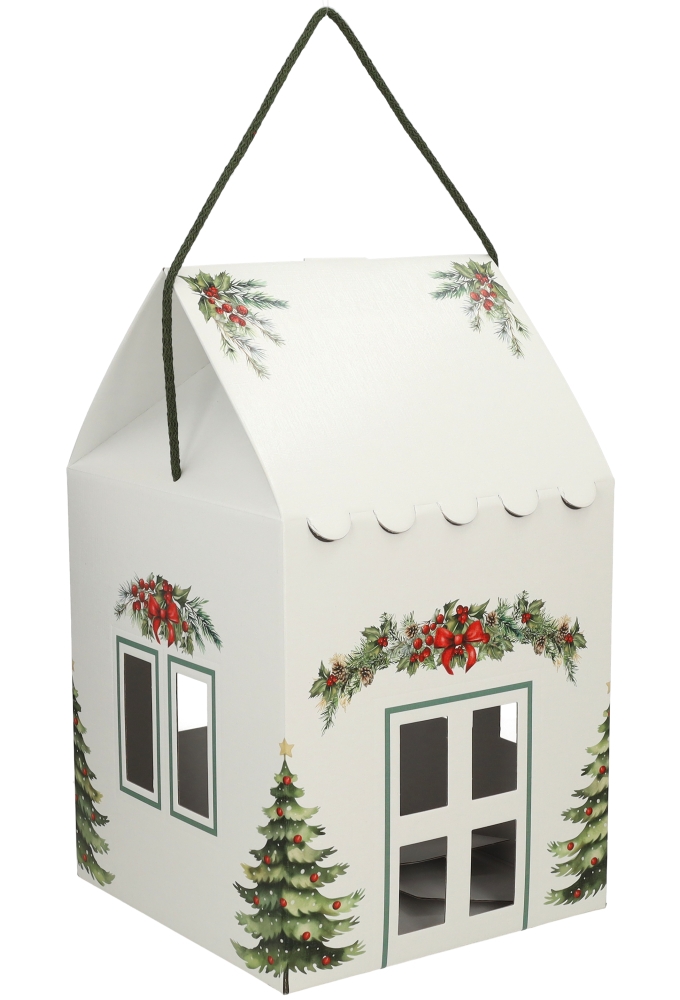 Geschenkdoos Huisje Christmastree & Koord 22.5x22.5x25.5cm 40stuks