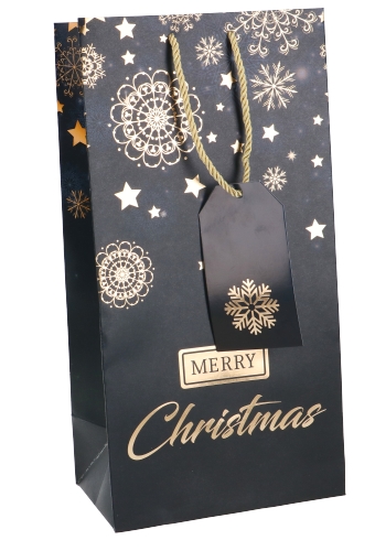 Kerst Wijntasjes 2 Flessen Merry Christmas Star Rain 18x9x36cm 9stuks