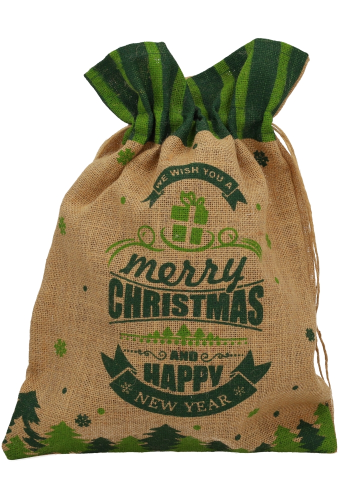 Kerstzak Jute Merry Christmas Groen 38x50cm 10stuks