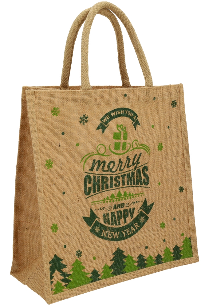 Kersttas Merry Christmas Groen Jute 37x37x15cm 10stuks