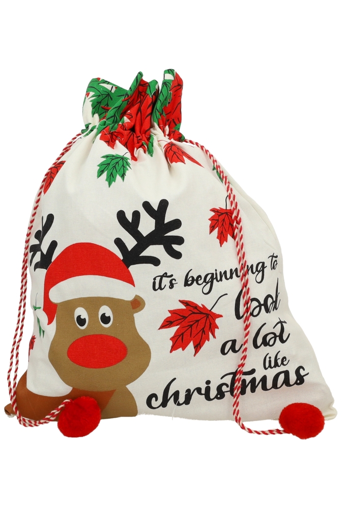 Luxe Kerstzak Katoen Christmas Rendier Wit 38x50cm 10stuks