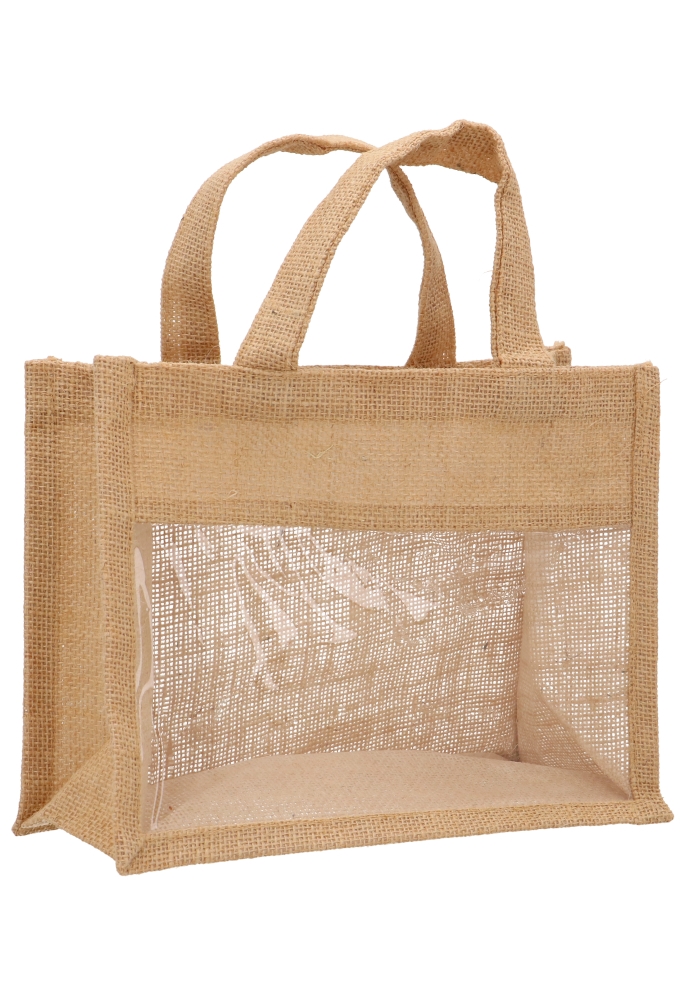 Kadotasje Jute Met Venster & Hengsel 25x12x20cm 9stuks Kadotasje Jute Met Venster & Hengsel 25x12x20cm 9stuks