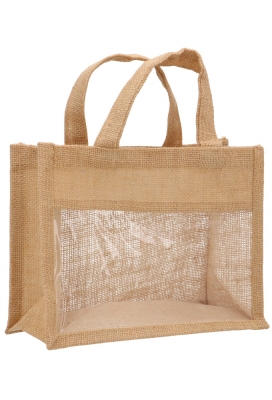 Kadotasje Jute Met Venster & Hengsel 25x12x20cm 9stuks Kadotasje Jute Met Venster & Hengsel 25x12x20cm 9stuks