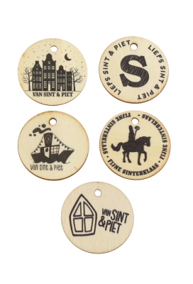 Houten Sintdecoratie Label Sinterklaas Assorti Ophang Gaatje 4cm 50st