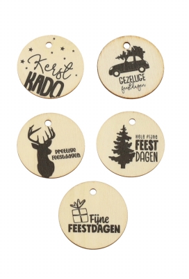 Houten Kerstdecoratie Label Xmas Assorti Ophang Gaatje 4cm 50stuks Houten Kerstdecoratie Label Xmas Assorti Ophang Gaatje 4cm 50stuks