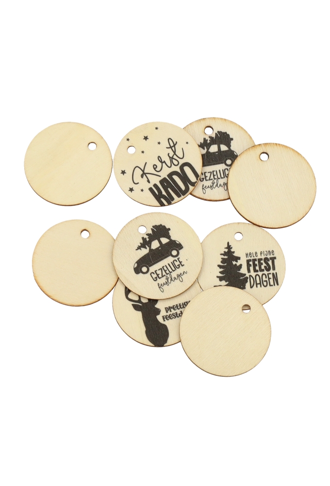 Houten Kerstdecoratie Label Xmas Assorti Ophang Gaatje 4cm 50stuks