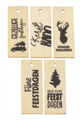 Houten Kerstdecoratie Label Xmas Assorti Ophang Gaatje 2,6x5cm 50st Houten Kerstdecoratie Label Xmas Assorti Ophang Gaatje 2,6x5cm 50st