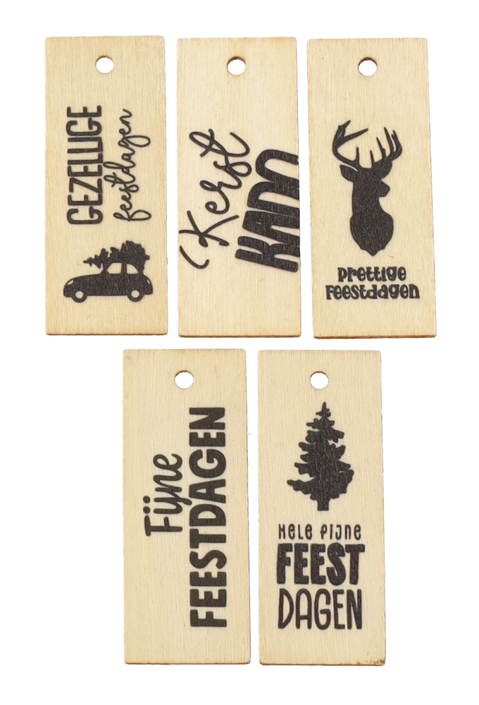 Houten Kerstdecoratie Label Xmas Assorti Ophang Gaatje 2,6x5cm 50st