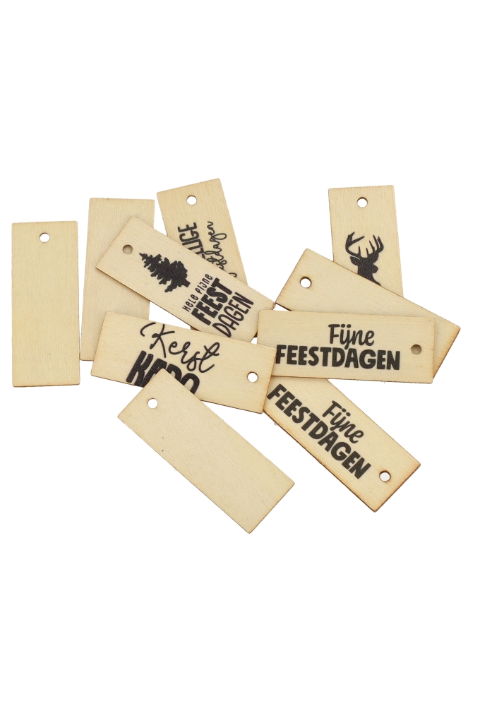 Houten Kerstdecoratie Label Xmas Assorti Ophang Gaatje 2,6x5cm 50st