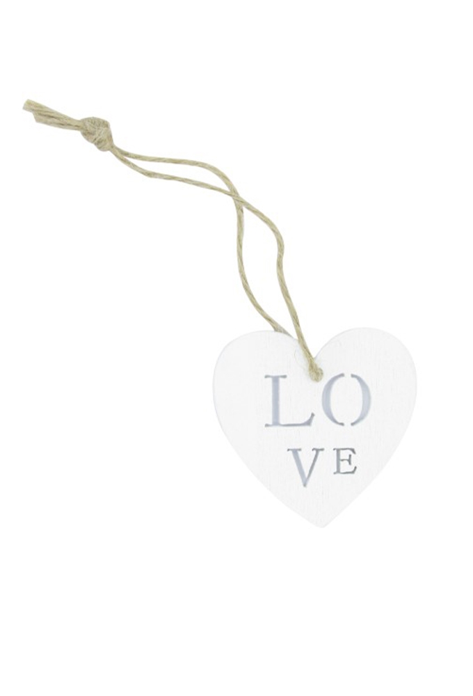 Houten Decoratie Hartje Love  Wit Wood Met Koord 5cm 24stuks