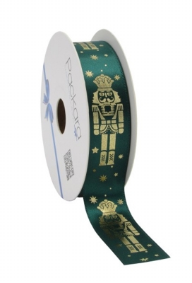 Kerstlint Satijn Lint Notenkraker  Donker Groen & Goud  25mm x 20meter