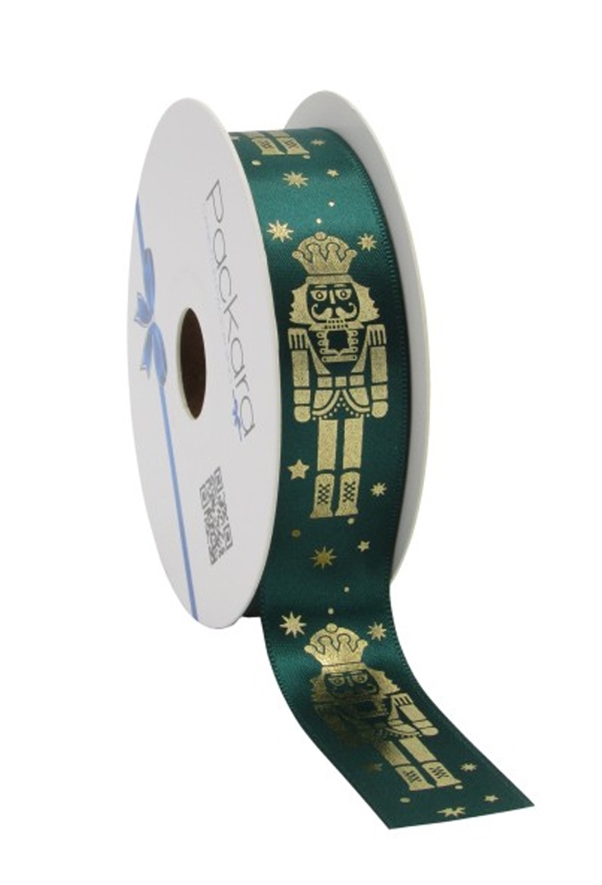 Kerstlint Satijn Lint Notenkraker  Donker Groen & Goud  25mm x 20meter