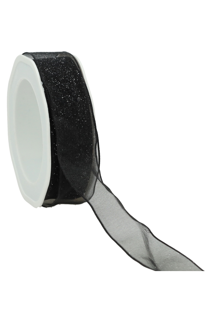 Organza Lint Zwart Met IJzerdraad & Zilveren Spikkels 25mm x 15 meter 
