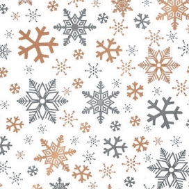 Kerstpapier Metallic Sneeuwvlokken Wit & Goud & Zilver 50cm x 100meter