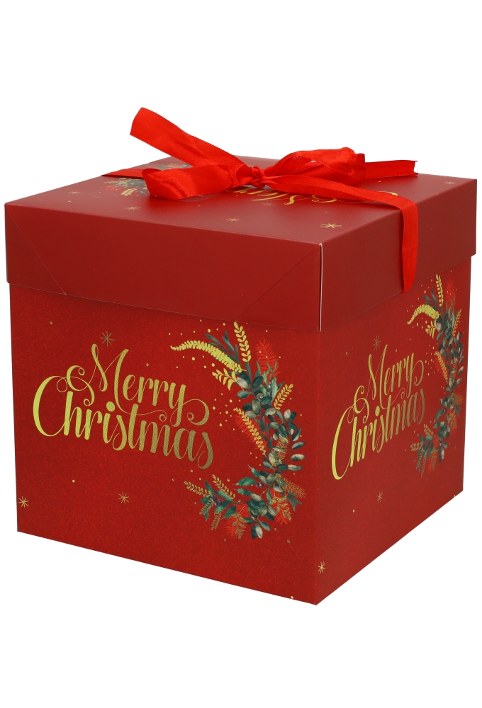 Kerstgeschenkdoos Merry Christmas Krans Lint Red 16.5x16.5x16.5cm 12st