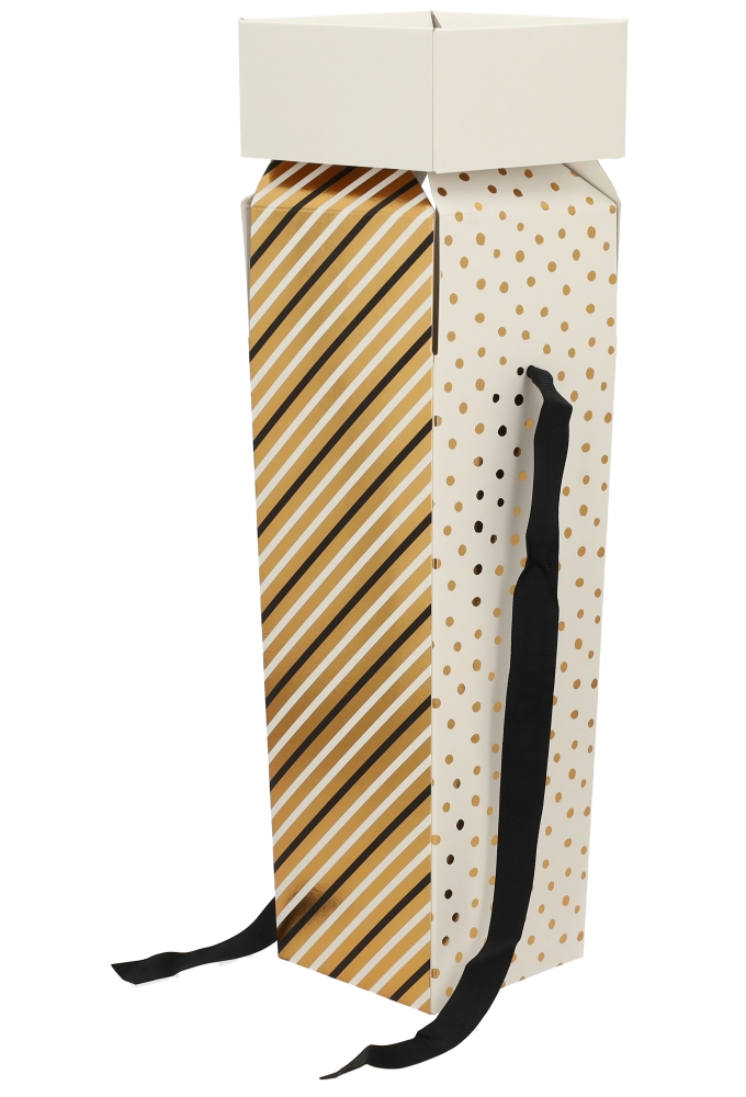 Wijndozen 1-Fles Line & Dots Met Lint 9.5x9.5x33cm 10stuks