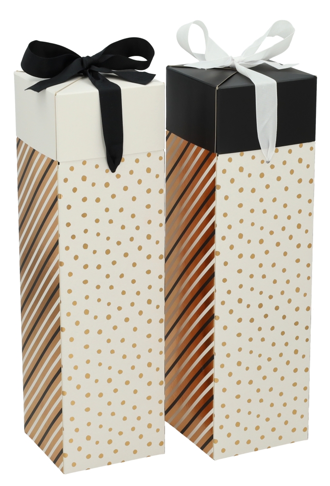 Wijndozen 1-Fles Line & Dots Met Lint 9.5x9.5x33cm 10stuks