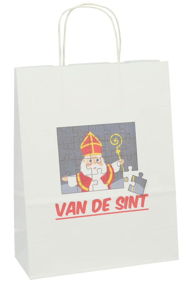 Papieren Draagtas Wit Sint Puzzel A4 24x11x31cm 50stuks
