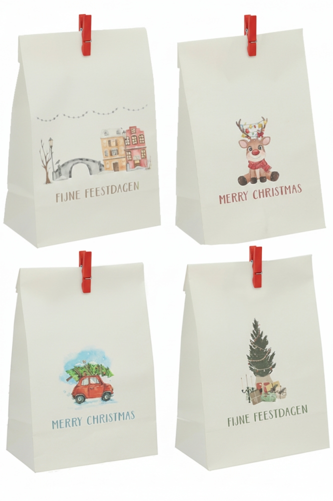 Kadozakjes Assorti Kraft Zupo Wit Kerstmis 14x7x19cm 24stuks