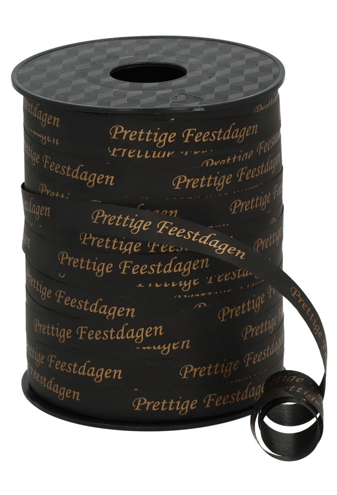 Kerst Krullint Metallic Mat Zwart Prettige Feestdagen 10mm x 250meter