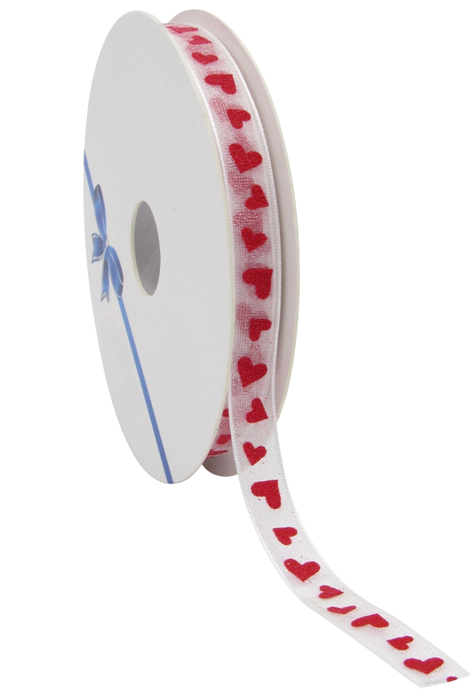 Organza Lint Wit & Rode Hartjes 10mm x 20meter